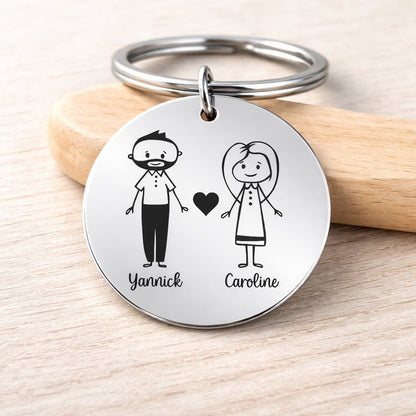 Porte-clé couple personnalisé avec personnages en inox miroir – Cadeau Saint Valentin anniversaire