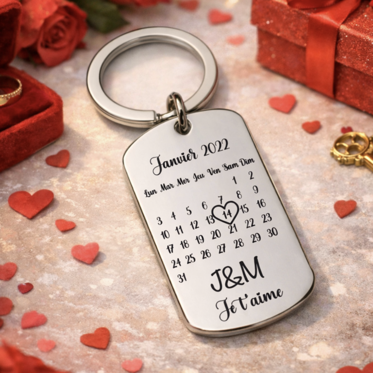 Porte clé personnalisé calendrier date en métal acier inoxydable, cadeau de rencontre, de naissance, d'anniversaire, saint Valentin