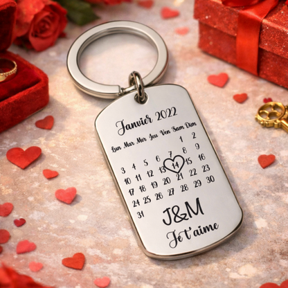 Porte clé personnalisé calendrier date en métal acier inoxydable, cadeau de rencontre, de naissance, d'anniversaire, saint Valentin