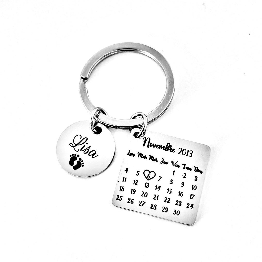 Porte clé personnalisé calendrier et médaille en inox miroir