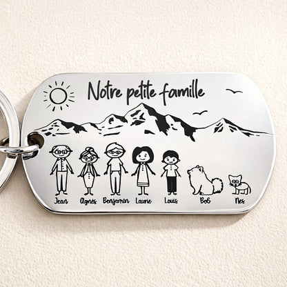 Porte clé personnalisé Notre petite famille décor montagne en inox
