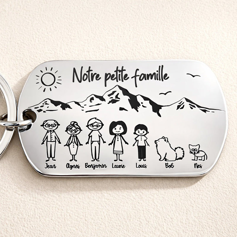 Porte clé personnalisé Notre petite famille décor montagne en inox