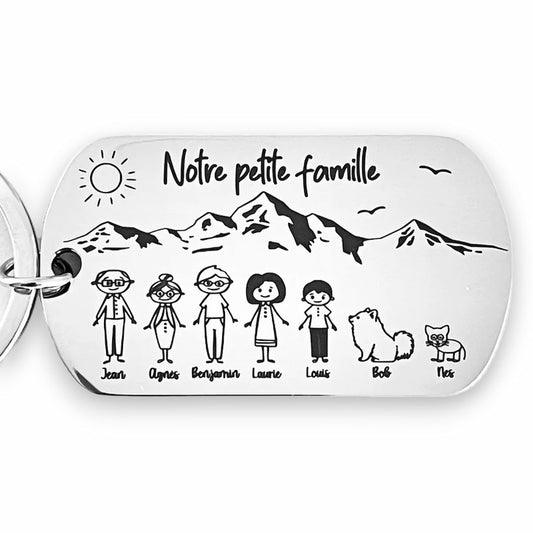 Porte clé famille personnalisé décor montagne en inox