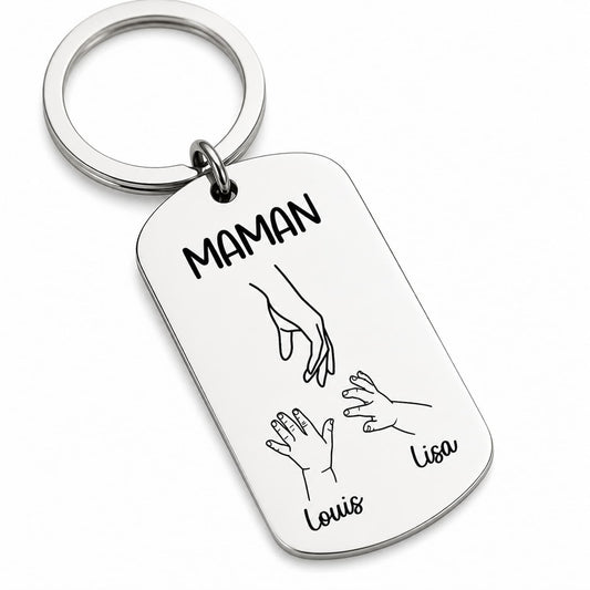 Porte-clé personnalisé famille avec dessin mains enfant et gravure prénoms en acier inoxydable