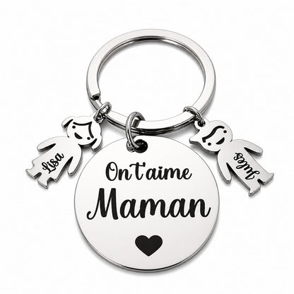 Porte-clé personnalisé maman en acier inoxydable avec prénoms enfants gravés On t’aime Maman