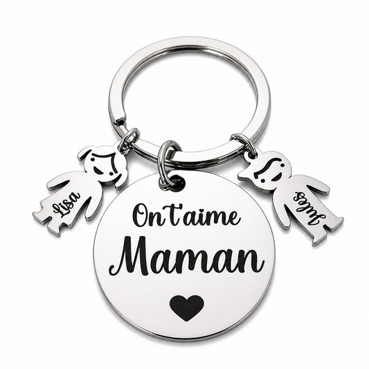 Porte-clé personnalisé maman en acier inoxydable avec prénoms enfants gravés On t’aime Maman