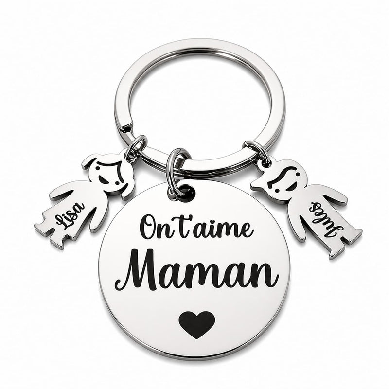Porte-clé personnalisé maman en acier inoxydable avec prénoms enfants gravés On t’aime Maman