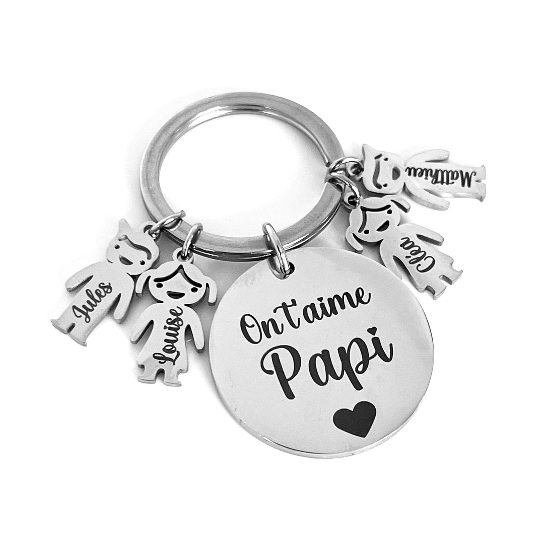 Cadeau papi personnalisé fête des grands pères, des papy : porte clé avec les petits enfants en inox miroir, bonne fête papi