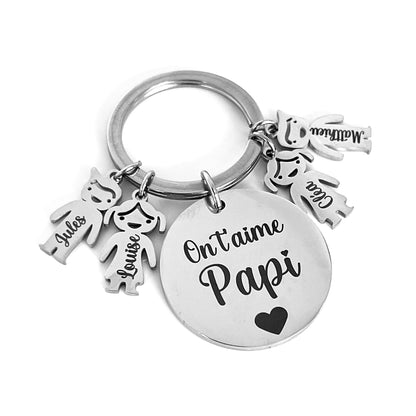 Cadeau papi personnalisé fête des grands pères, des papy : porte clé avec les petits enfants en inox miroir, bonne fête papi