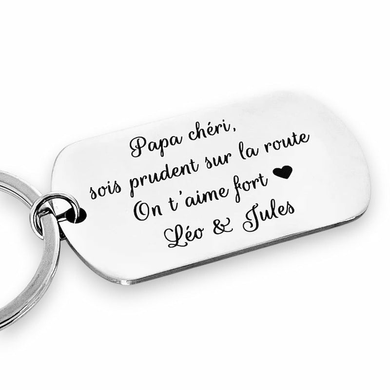 Porte-clés rectangulaire en inox gravé avec message 