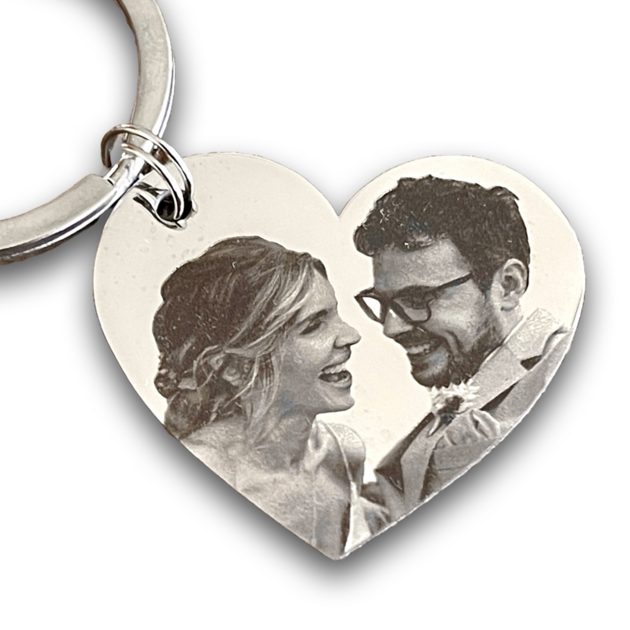 Porte-Clé Photo en forme de Cœur en Inox Miroir – Gravé avec votre Photo & Message Personnalisé