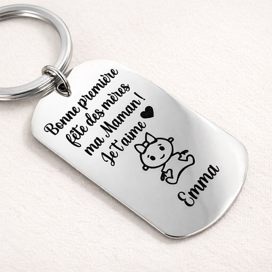 Porte-clé première fête des mères maman personnalisé en inox miroir gravé avec prénom