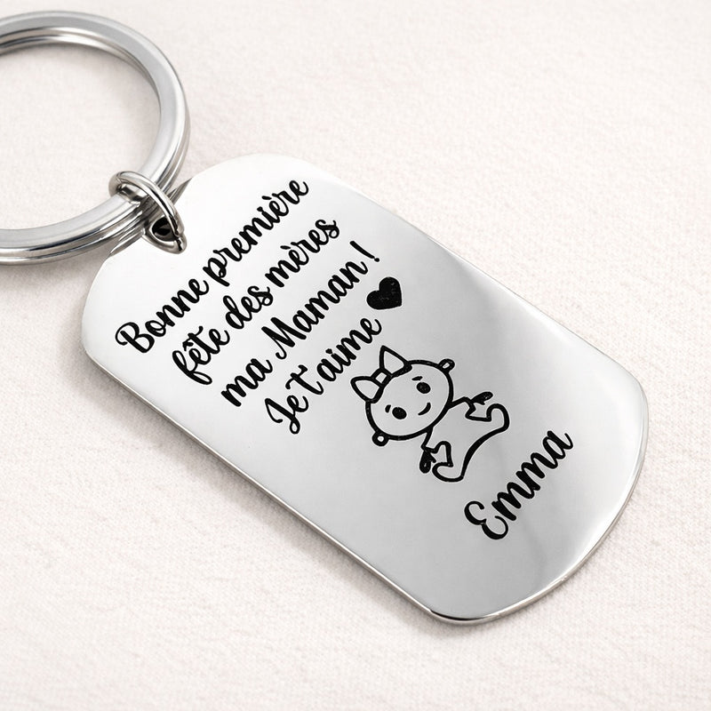 Porte-clé première fête des mères maman personnalisé en inox miroir gravé avec prénom