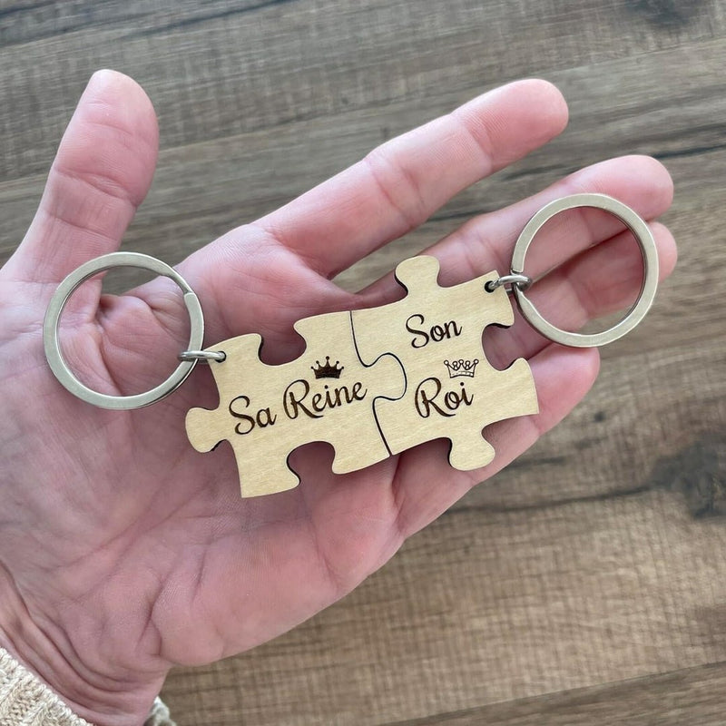 Porte clé puzzle bois, sa reine, son roi