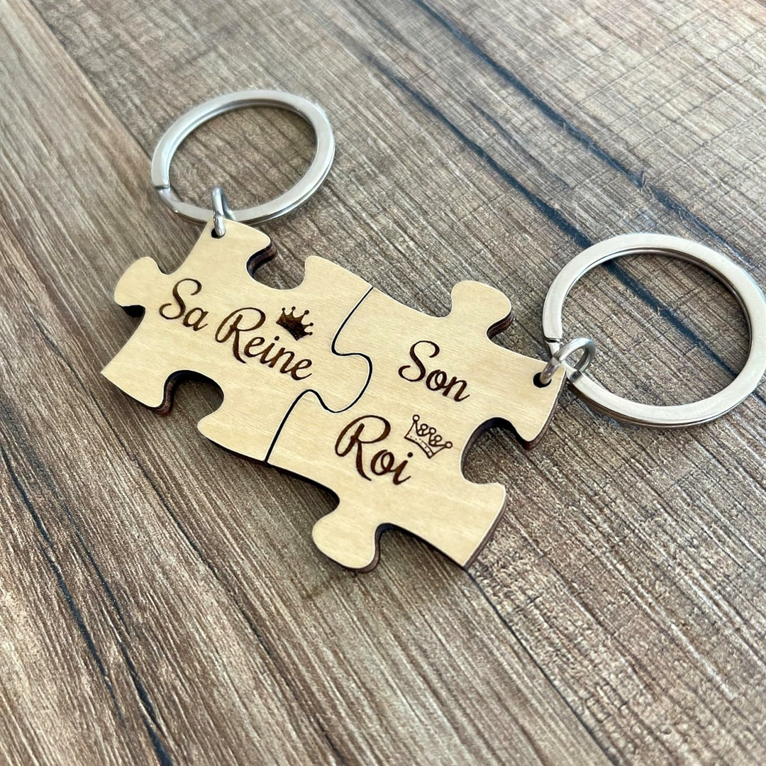 Porte clé puzzle bois, sa reine, son roi