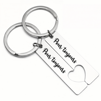 Porte-clés couple personnalisé cœur – Lot de 2 en acier inoxydable avec date et initiales