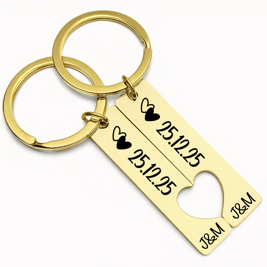 Porte-clés couple personnalisé cœur – Lot de 2 en acier inoxydable avec date et initiales