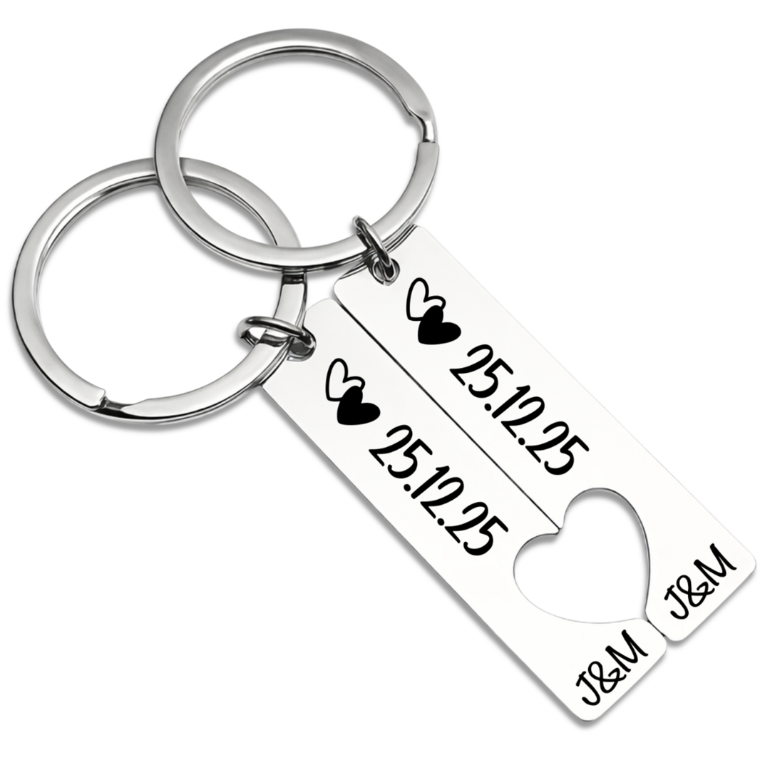 Porte-clés couple personnalisé cœur – Lot de 2 en acier inoxydable avec date et initiales