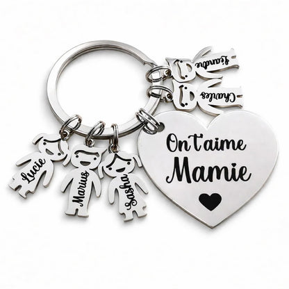 Porte-clés Mamie personnalisé prénoms enfants – cœur inox gravé cadeau famille