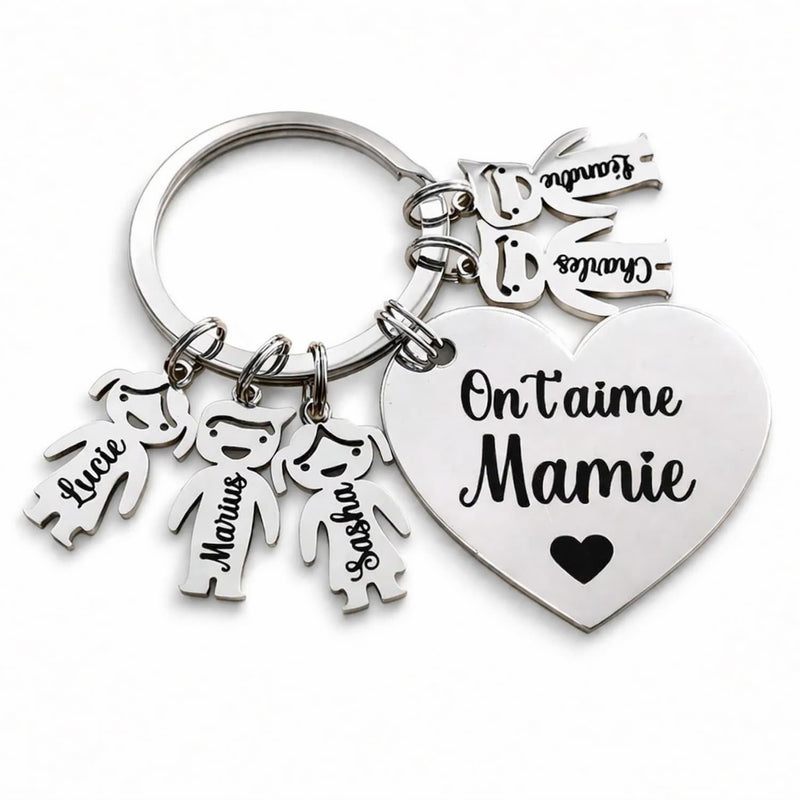 Porte-clés Mamie personnalisé prénoms enfants – cœur inox gravé cadeau famille