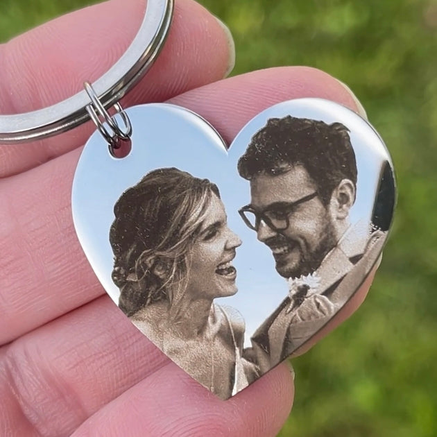 Porte-Clé Photo en forme de Cœur en Inox Miroir – Gravé avec votre Photo & Message Personnalisé