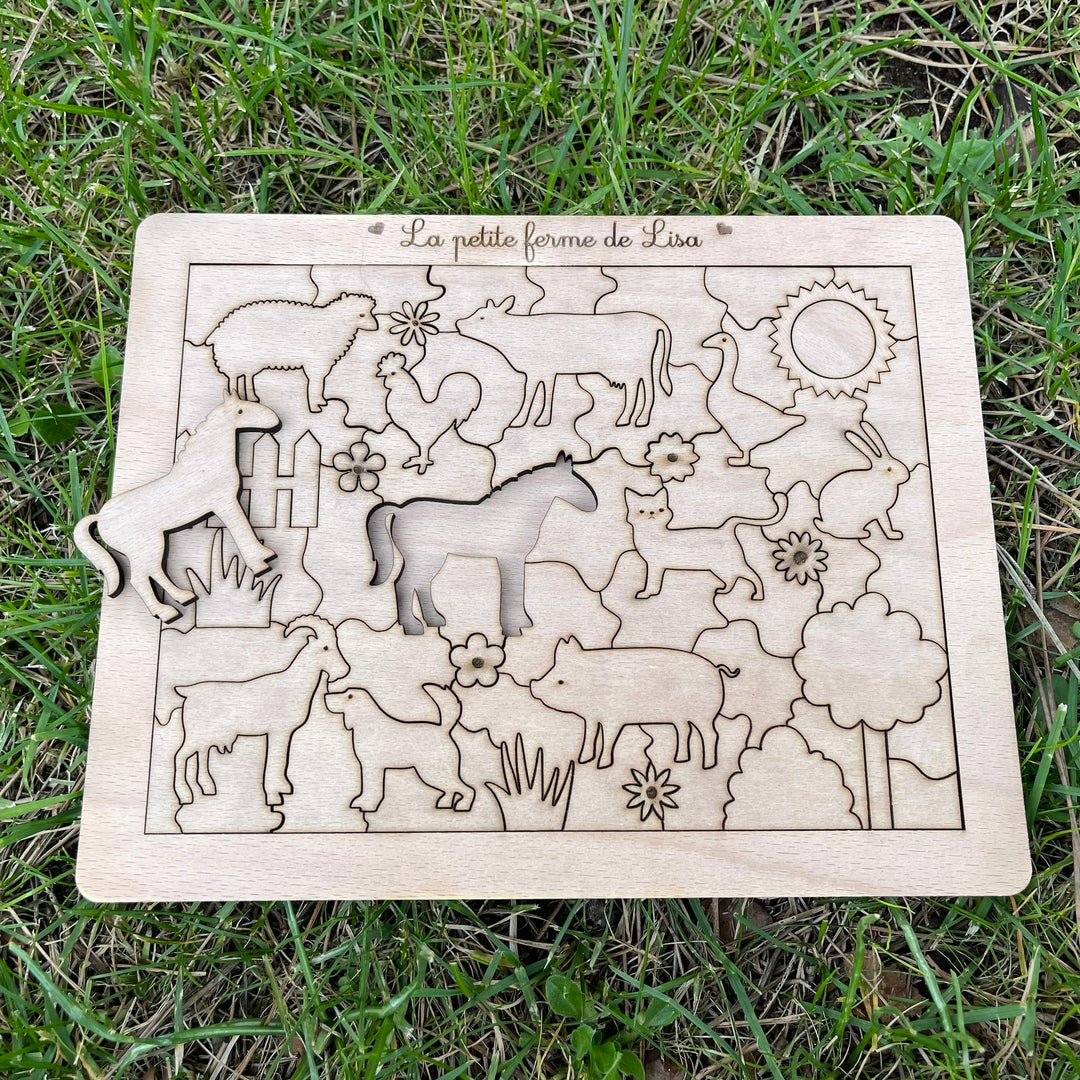 Puzzle bois personnalisé avec animaux de la ferme, cheval, vache, chat, chien... et le texte de votre choix
