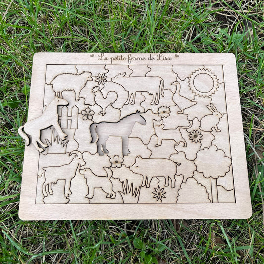 Puzzle bois personnalisé avec animaux de la ferme, cheval, vache, chat, chien... et le texte de votre choix