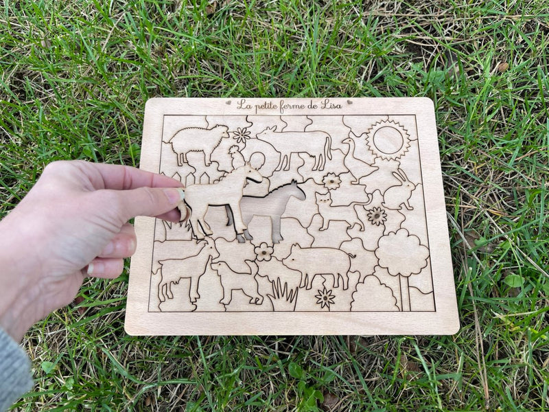 Puzzle bois personnalisé avec animaux de la ferme, cheval, vache, chat, chien... et le texte de votre choix