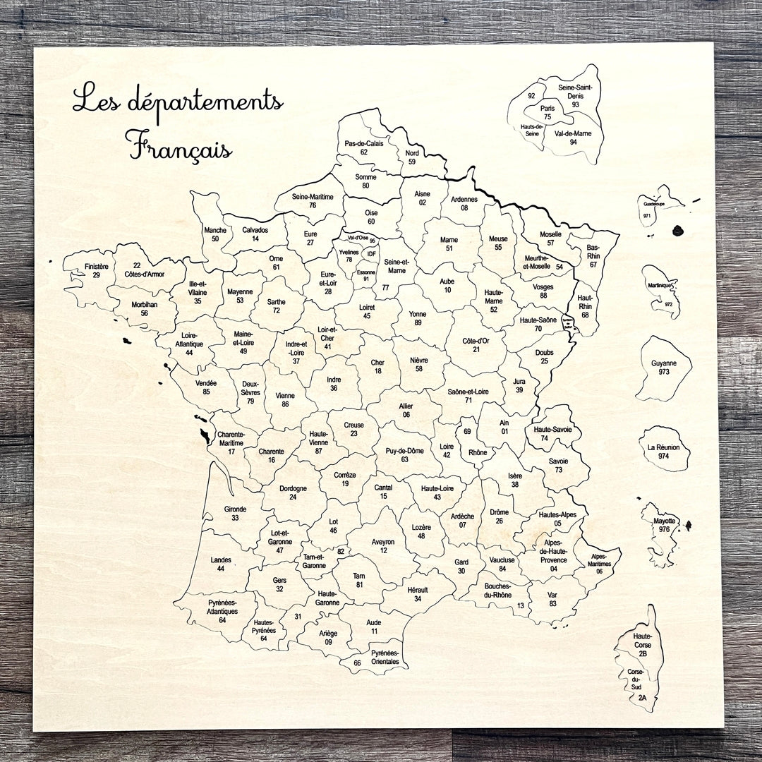 Puzzle en bois carte des départements de France, cadeau éducatif ou collectionneur