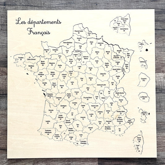 Puzzle en bois carte des départements de France, cadeau éducatif ou collectionneur
