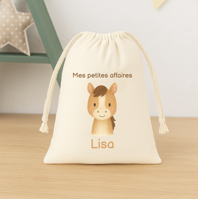 Pochon personnalisé enfant – sac goûter, trousse crèche, rangement prénom et animal au choix, cadeau naissance fille garçon