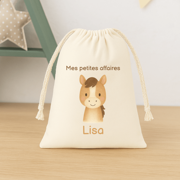 Pochon personnalisé enfant – sac goûter, trousse crèche, rangement prénom et animal au choix, cadeau naissance fille garçon