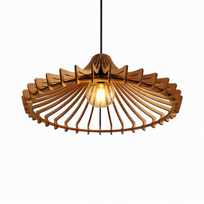 Suspension en bois de hêtre design allumée diamètre 45 cm, lampe ajourée lumière chaude