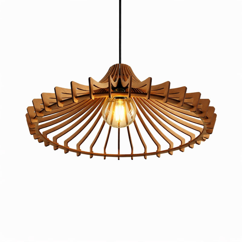 Suspension en bois de hêtre design allumée diamètre 45 cm, lampe ajourée lumière chaude