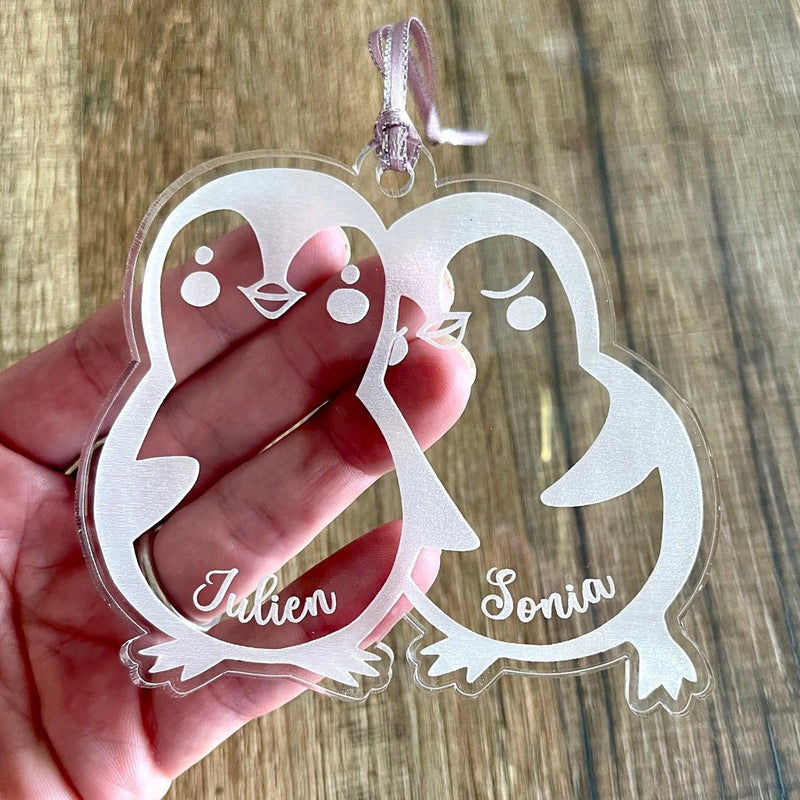 Boule de noël personnalisée pour couple en plexiglas, cadeau noel suspension couple amoureux