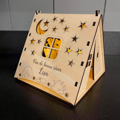 Veilleuse bébé ou enfant personnalisée message prénom en bois forme tente avec option lampe led intégrée